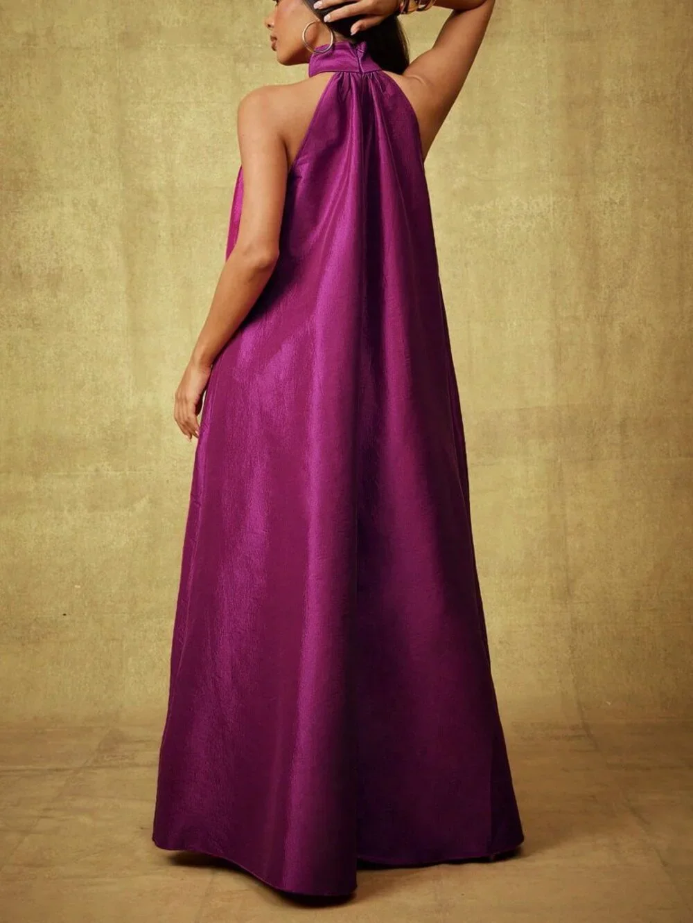 Purple Elegant Women's Taffeta Bow Tie Halter Neck Extra Wide Leg Jumpsuit - Picture 2 of 5